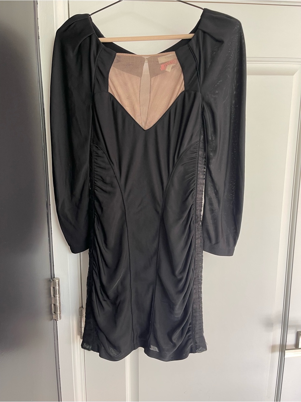 BCBGMaxAzria Black Long-Sleeve Ruched Mini Dress with Sheer Inset